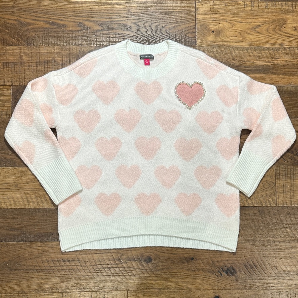 Vince Camuto Cream and Pink Heart Sweater
